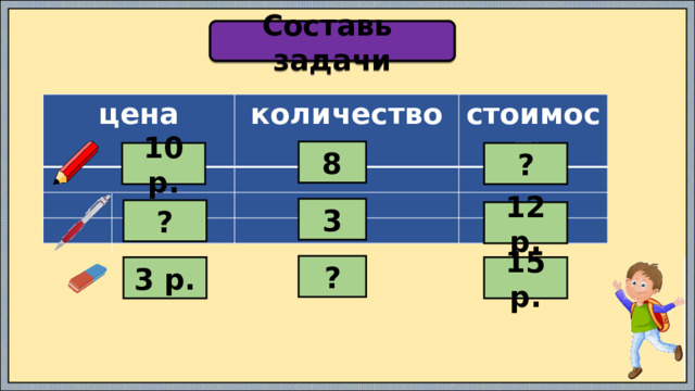 Составь задачи цена количество стоимость 8 10 р. ? 3 ? 12 р. ? 3 р. 15 р. 