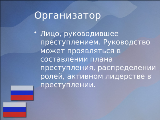 Организатор Лицо, руководившее преступлением. Руководство может проявляться в составлении плана преступления, распределении ролей, активном лидерстве в преступлении. 