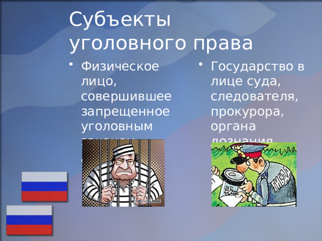 Субъекты  уголовного права Физическое лицо, совершившее запрещенное уголовным законом деяние Государство в лице суда, следователя, прокурора, органа дознания. 