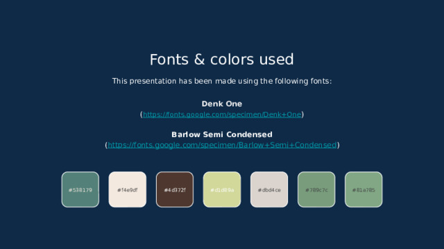 Fonts & colors used This presentation has been made using the following fonts: Denk One ( https://fonts.google.com/specimen/Denk+One ) Barlow Semi Condensed ( https://fonts.google.com/specimen/Barlow+Semi+Condensed ) #789c7c #f4e9df #dbd4ce #d1d89a #4d372f #538179 #81a785 