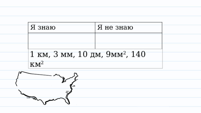 Я знаю Я не знаю 1 км, 3 мм, 10 дм, 9мм 2 , 140 км 2 