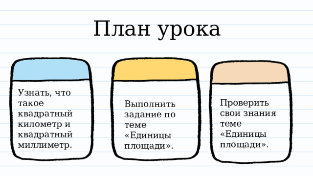 План урока Узнать, что такое квадратный километр и квадратный миллиметр. Проверить свои знания теме «Единицы площади». Выполнить задание по теме «Единицы площади». 