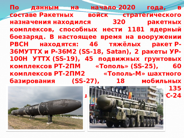 По данным на начало 2020 года, в составе Ракетных войск стратегического назначения находился 320 ракетных комплексов, способных нести 1181 ядерный боезаряд. В настоящее время на вооружении РВСН находятся: 46 тяжёлых ракет Р-36МУТТХ и Р-36М2 (SS-18, Satan), 2 ракеты УР-100Н УТТХ (SS-19), 45 подвижных грунтовых комплексов РТ-2ПМ «Тополь» (SS-25), 60 комплексов РТ-2ПМ2 «Тополь-М» шахтного базирования (SS-27), 18 мобильных комплексов РТ-2ПМ2 «Тополь-М» (SS-27), 135 мобильных и 14 шахтных комплексов РС-24 «Ярс». 