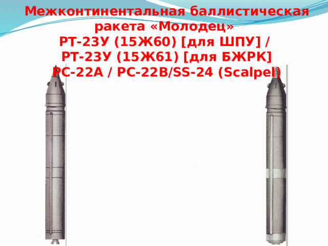 Межконтинентальная баллистическая ракета «Молодец»  РТ-23У (15Ж60) [для ШПУ] /  РТ-23У (15Ж61) [для БЖРК]  РС-22А / РС-22В/SS-24 (Scalpel) 