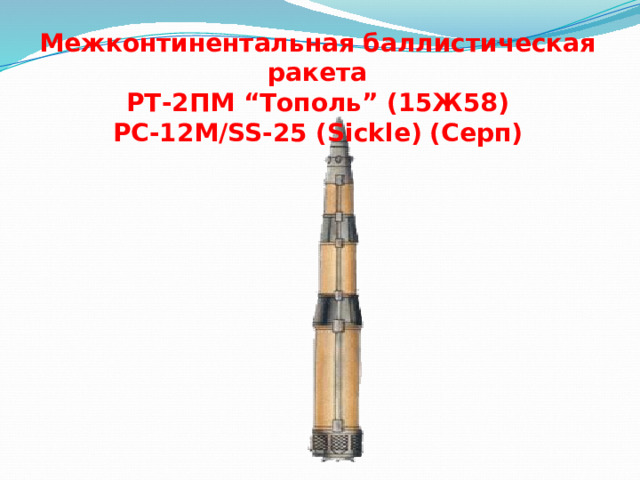 Межконтинентальная баллистическая ракета  РТ-2ПМ “Тополь” (15Ж58)  РС-12М/SS-25 (Sickle)  (Серп) 