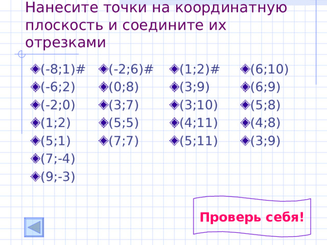 Нанесите точки на координатную плоскость и соедините их отрезками (-8;1)# (-6;2) (-2;0) (1;2) (5;1) (7;-4) (9;-3) (-2;6)# (0;8) (3;7) (5;5) (7;7) (1;2)# (3;9) (3;10) (4;11) (5;11) (6;10) (6;9) (5;8) (4;8) (3;9) Проверь себя! 