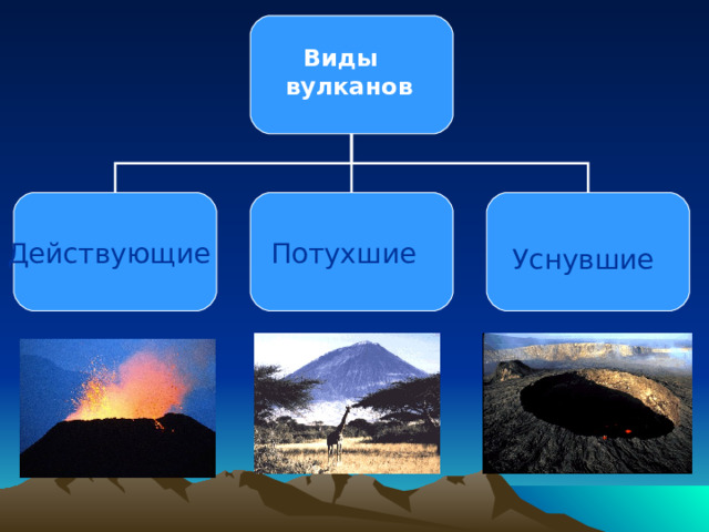 Виды вулканов Действующие  Потухшие  Уснувшие  