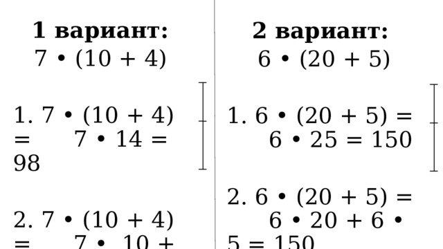 1 вариант: 7 • (10 + 4) 1. 7 • (10 + 4) = 7 • 14 = 98 2. 7 • (10 + 4) = 7 • 10 + 7 • 4 = 98 2 вариант: 6 • (20 + 5) 1. 6 • (20 + 5) = 6 • 25 = 150 2. 6 • (20 + 5) = 6 • 20 + 6 • 5 = 150 