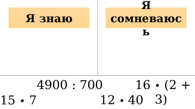 Я знаю Я сомневаюсь 16 • (2 + 3) 4900 : 700 12 • 40 15 • 7 
