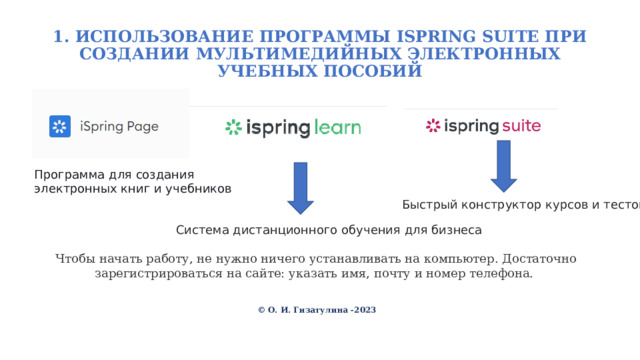 1. ИСПОЛЬЗОВАНИЕ ПРОГРАММЫ ISPRING SUITE ПРИ СОЗДАНИИ МУЛЬТИМЕДИЙНЫХ ЭЛЕКТРОННЫХ УЧЕБНЫХ ПОСОБИЙ   Программа для создания электронных книг и учебников Быстрый конструктор курсов и тестов Система дистанционного обучения для бизнеса Чтобы начать работу, не нужно ничего устанавливать на компьютер. Достаточно зарегистрироваться на сайте: указать имя, почту и номер телефона. © О. И. Гизатулина -2023 