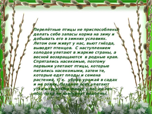 Перелётные птицы не приспособлены делать себе запасы корма на зиму и добывать его в зимних условиях. Летом они живут у нас, вьют гнёзда, выводят птенцов. С наступлением холодов улетают в жаркие страны, а весной возвращаются в родные края. Спрятались насекомые, поэтому первыми улетают птицы, которые питались насекомыми, затем те, которые едят плоды и семена растений, т. к. убран урожай в садах и на полях. Позднее всех улетают утки и гуси. Они живут у нас до тех пор, пока не замёрзнут водоёмы. 