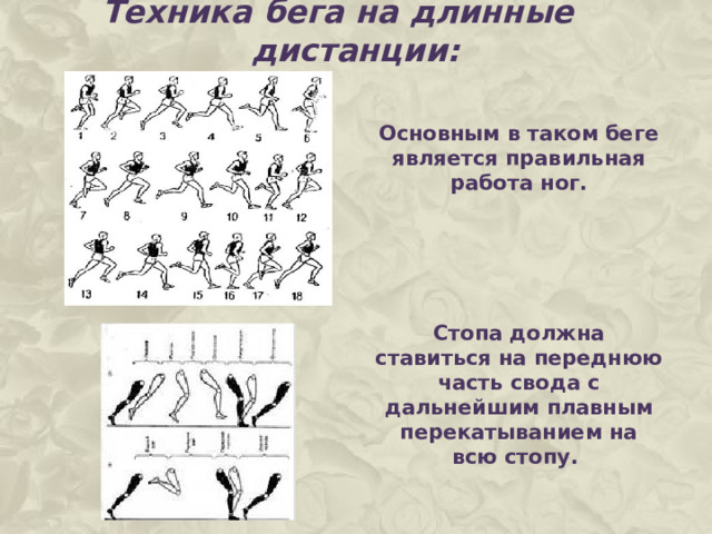 Техника бега на длинные дистанции:   Основным в таком беге является правильная работа ног.    Стопа должна ставиться на переднюю часть свода с дальнейшим плавным перекатыванием на всю стопу. 