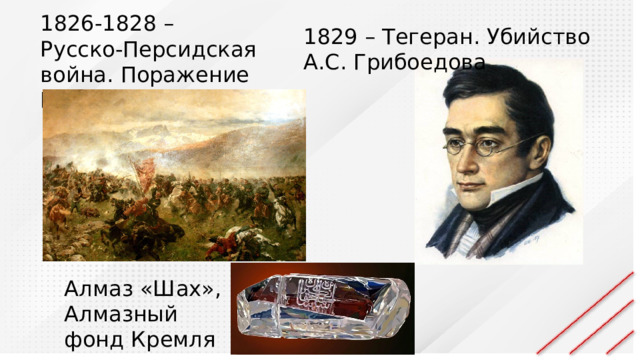1826-1828 – Русско-Персидская война. Поражение Персии 1829 – Тегеран. Убийство А.С. Грибоедова Алмаз «Шах», Алмазный фонд Кремля 