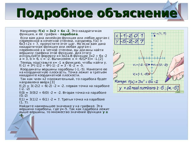 Подробное объяснение  Например: f(x) = 3x2 + 6x -2 . Это квадратичная функция, и ее график – парабола .  Если вам дана линейная функция или любая другая с переменной в нечетной степени, например, f(x) = 6x3+2x + 7, пропустите этот шаг. Но если вам дана квадратичная функция или любая другая с переменной х в четной степени, вы должны найти вершину графика этой функции. Для этого используйте формулу х=-b/2a.В функции 3x2 + 6x -2 a = 3, b = 6, c = -2. Вычисляем: х = -6/(2*3)= -1.[2]  Теперь подставьте х= -1 в функцию, чтобы найти у. f(-1) = 3*(-1)2 + 6*(-1) -2 = 3 - 6 -2 = -5.  Координаты вершины параболы (-1,-5). Нанесите ее на координатную плоскость. Точка лежит в третьем квадранте координатной плоскости.  Так как член x2 положительный, то парабола будет направлена вверх.[3]  f(-2) = 3(-2)2 + 6(-2) -2 = -2. первая точка на параболе (-2, -2)  f(0) = 3(0)2 + 6(0) -2 = -2. Вторая точка на параболе (0,-2)  f(1) = 3(1)2 + 6(1) -2 = 7. Третья точка на параболе (1, 7).  Найдите наименьшее значение у на графике. Эта вершина параболы, где у=-5. Так как парабола лежит выше вершины, то множество значений функции y ≥ -5.  
