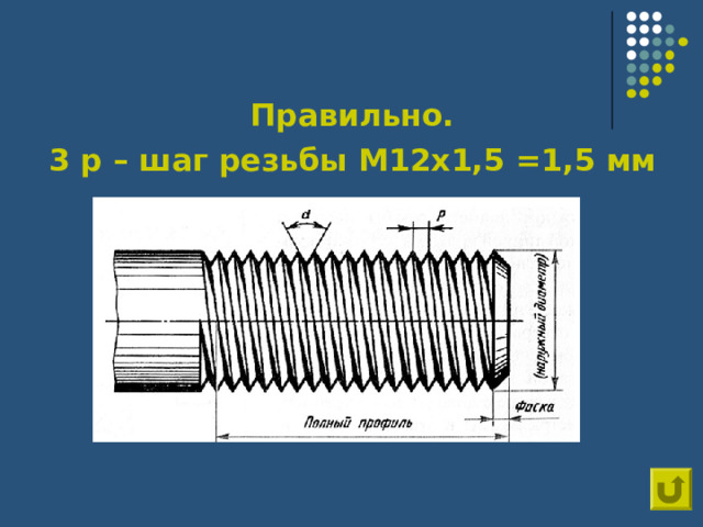 Правильно. 3 p – шаг резьбы М12х1,5 =1,5 мм      4 балла 