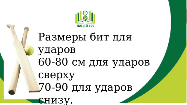 Размеры бит для ударов  60-80 см для ударов сверху  70-90 для ударов снизу. 90-110 для ударов сбоку 