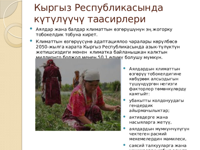 Кыргыз Республикасында күтүлүүчү таасирлери Аялдар жана балдар климаттын өзгөрүшүнүн эң жогорку тобокелдик тобуна кирет. Климаттын өзгөрүүсүнө адаптациялоо чаралары көрүлбөсө 2050-жылга карата Кыргыз Республикасында азык-түлүктүн жетишсиздиги менен климатка байланышкан калктын миллионго болжол менен 50,1 өлүмү болушу мүмкүн. Аялдардын климаттын өзгөрүү тобокелдигине көбүрөөк алсыздыгын түшүндүргөн негизги факторлор төмөнкүлөрдү камтыйт: убакытты колдонуудагы гендердик айырмачылыктар; активдерге жана насыяларга жетүү, аялдардын мүмкүнчүлүгүн чектеген расмий мекемелердин мамилеси, саясий талкууларга жана чечимдерди кабыл алууга мүмкүнчүлүктөрдүн чектелиши. 