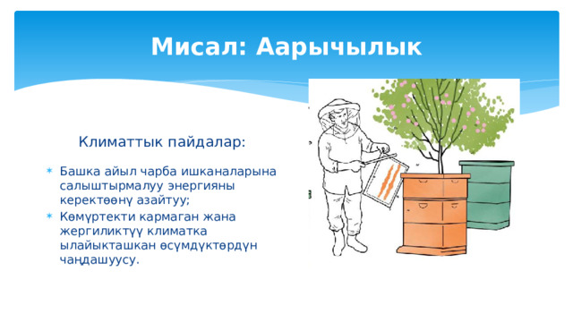 Айыл чарбасында адаптация жана жумшартуу Адаптация стратегиялары айыл чарба өндүрүүчүлөрүнө өзгөрүп жаткан климаттык шарттарга жооп берүүгө мүмкүндүк берет, муну долбоордун алкагында колдонулган төмөнкү чаралар тастыктайт: Дыйкандар таштандыларды азайтуу жана көмүртекти кармоо үчүн шарттарды түзүү менен жумшартууга салым кошушат. 