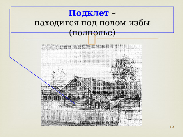 Подклет – находится под полом избы (подполье)  
