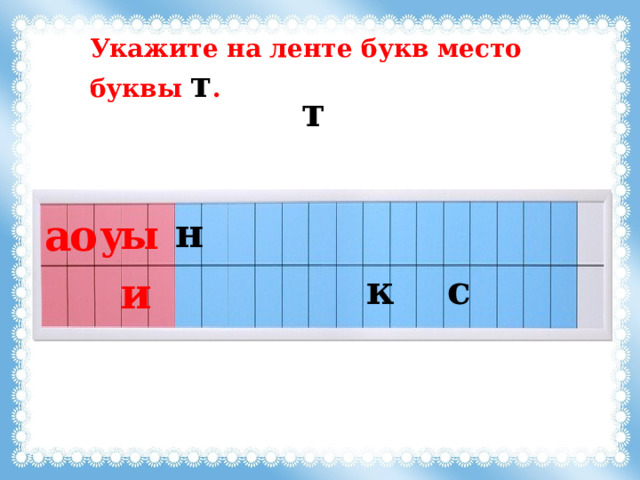 Укажите на ленте букв место буквы т . т а о н ы у с к и 