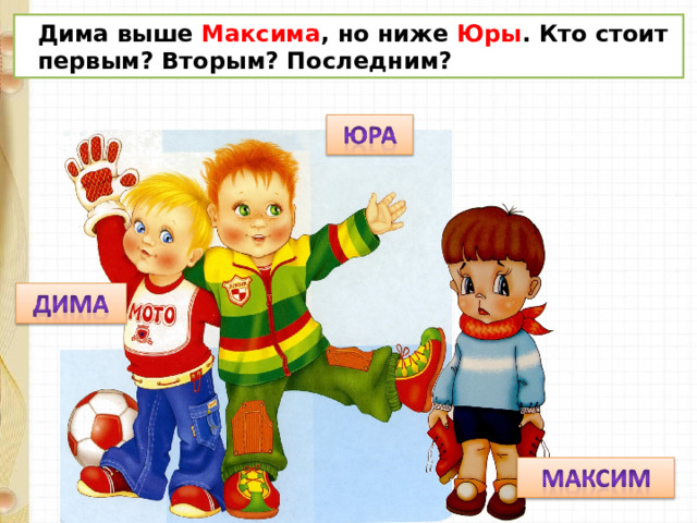  Дима выше Максима , но ниже Юры . Кто стоит  первым? Вторым? Последним? 