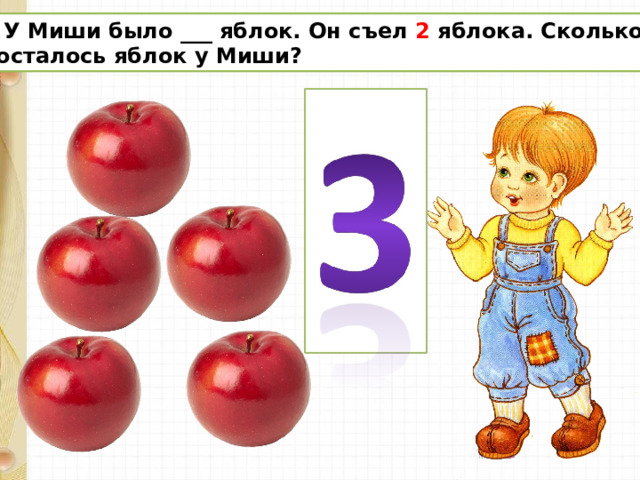  У Миши было ___ яблок. Он съел 2 яблока. Сколько осталось яблок у Миши? 
