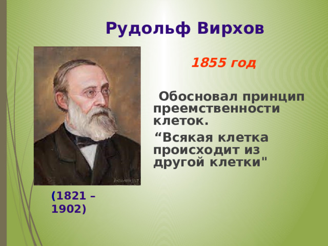   Рудольф Вирхов 1855 год    Обосновал принцип преемственности клеток. “ Всякая клетка происходит из другой клетки