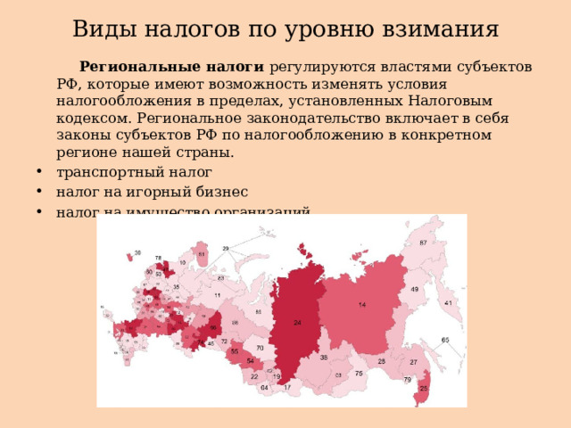 Виды налогов по уровню взимания  Региональные налоги регулируются властями субъектов РФ, которые имеют возможность изменять условия налогообложения в пределах, установленных Налоговым кодексом. Региональное законодательство включает в себя законы субъектов РФ по налогообложению в конкретном регионе нашей страны. транспортный налог налог на игорный бизнес налог на имущество организаций. 