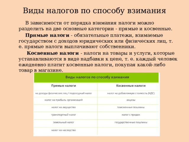 Виды налогов по способу взимания  В зависимости от порядка взимания налоги можно разделить на две основные категории - прямые и косвенные.  Прямые налоги - обязательные платежи, взимаемые государством с доходов юридических или физических лиц, т. е. прямые налоги выплачивают собственники.  Косвенные налоги - налоги на товары и услуги, которые устанавливаются в виде надбавки к цене, т. е. каждый человек ежедневно платит косвенные налоги, покупая какой-либо товар в магазине. 