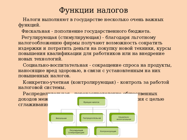 Функции налогов  Налоги выполняют в государстве несколько очень важных функций.  Фискальная - пополнение государственного бюджета.  Регулирующая (стимулирующая) - благодаря льготному налогообложению фирмы получают возможность сократить издержки и потратить деньги на покупку новой техники, курсы повышения квалификации для работников или на внедрение новых технологий.  Социально-воспитательная - сокращение спроса на продукты, наносящие вред здоровью, в связи с установленным на них повышенных налогов.  Конкретно-учетная (контролирующая) - контроль за работой налоговой системы.  Распределительная - перераспределение общественных доходов между различными категориями населения с целью сглаживания неравенства между ними. 