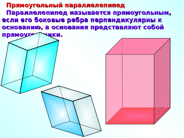  Прямоугольный параллелепипед  Параллелепипед называется прямоугольным, если его боковые ребра перпендикулярны к основанию, а основания представляют собой прямоугольники. 