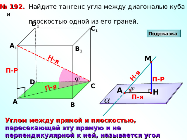 Н-я Н-я П-я № 192.  Найдите тангенс угла между диагональю куба и  плоскостью одной из его граней. D 1 С 1 Подсказка А 1 В 1 М П-Р П-Р D С А Н П-я А В Углом между прямой и плоскостью, пересекающей эту прямую и не перпендикулярной к ней, называется угол между прямой и ее проекцией на плоскость.  