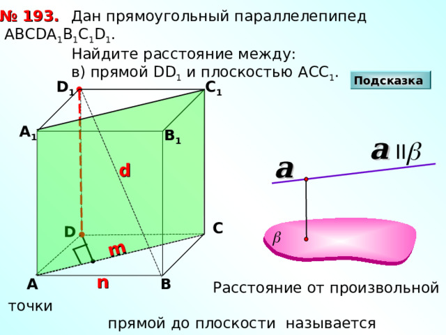 m  Дан прямоугольный параллелепипед АВС D А 1 В 1 С 1 D 1 .  Найдите расстояние между :  в) прямой DD 1 и плоскостью АСС 1 . № 193. Подсказка D 1 С 1 А 1 В 1 a II a d С D n В А  Расстояние от произвольной точки  прямой до плоскости называется расстоянием  между прямой и параллельной ей плоскостью 