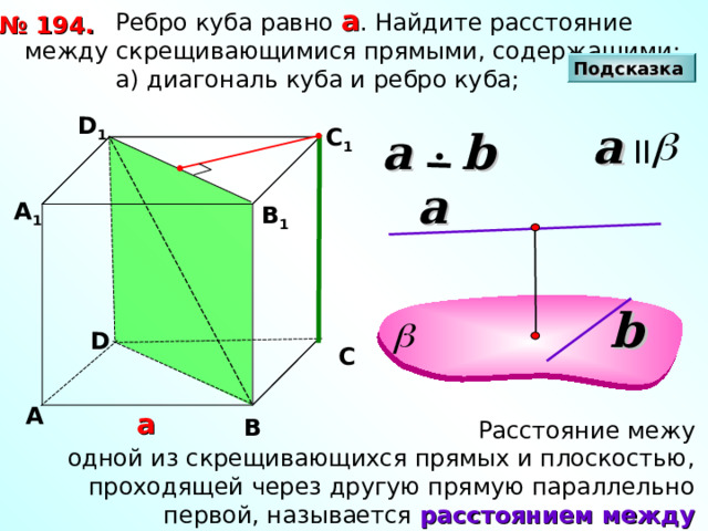 Ребро куба равно а . Найдите расстояние между скрещивающимися прямыми, содержащими:  а) диагональ куба и ребро куба; № 1 94 . Подсказка D 1 a II a  b С 1 a А 1 В 1 b D С А а В  Расстояние межу одной из скрещивающихся прямых и плоскостью, проходящей через другую прямую параллельно первой, называется расстоянием между скрещивающимися прямыми. 