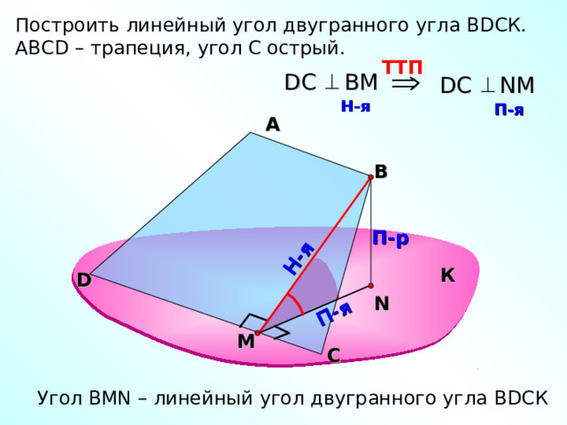 П-я Н-я Построить линейный угол двугранного угла В D СК. АВС D – трапеция, угол С острый. TT П  D С    В M D С NM  H -я   П-я  А В П-р К D N M С Угол В MN – линейный угол двугранного угла В D СК 43 