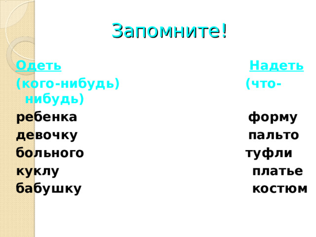 Запомните! Одеть  Надеть (кого-нибудь) (что-нибудь) ребенка форму девочку пальто больного туфли куклу платье бабушку костюм 