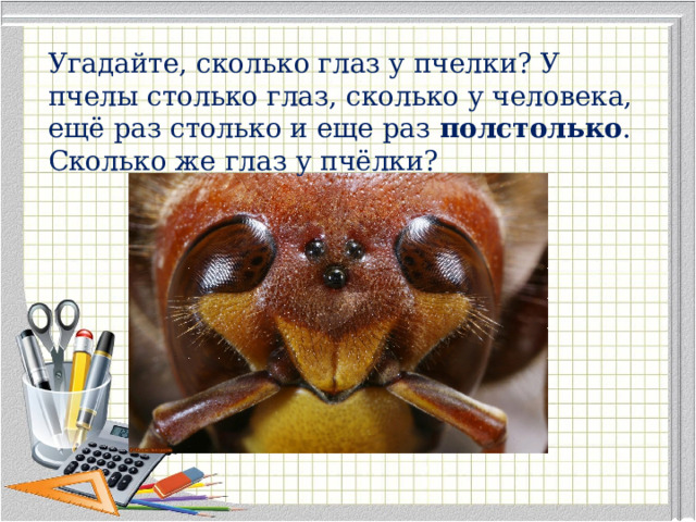 Угадайте, сколько глаз у пчелки? У пчелы столько глаз, сколько у человека, ещё раз столько и еще раз полстолько . Сколько же глаз у пчёлки? 