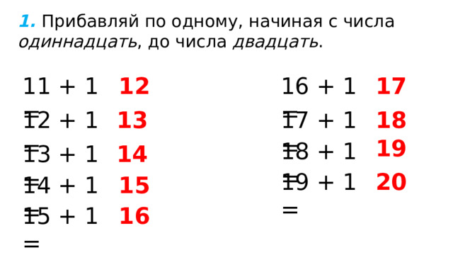 1.  Прибавляй по одному, начиная с числа одиннадцать , до числа двадцать . 16 + 1 = 12 17 11 + 1 = 18 17 + 1 = 13 12 + 1 = 19 18 + 1 = 13 + 1 = 14 19 + 1 = 20 14 + 1 = 15 15 + 1 = 16 