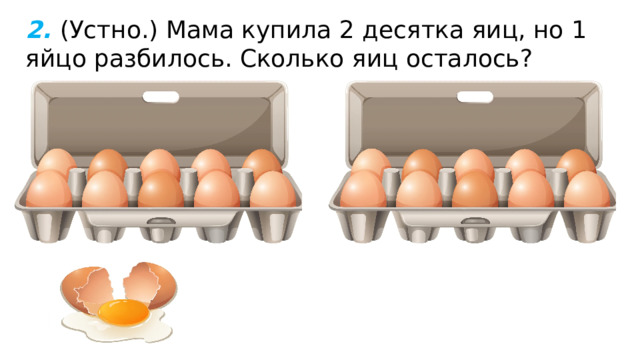 2.  (Устно.) Мама купила 2 десятка яиц, но 1 яйцо разбилось. Сколько яиц осталось? 