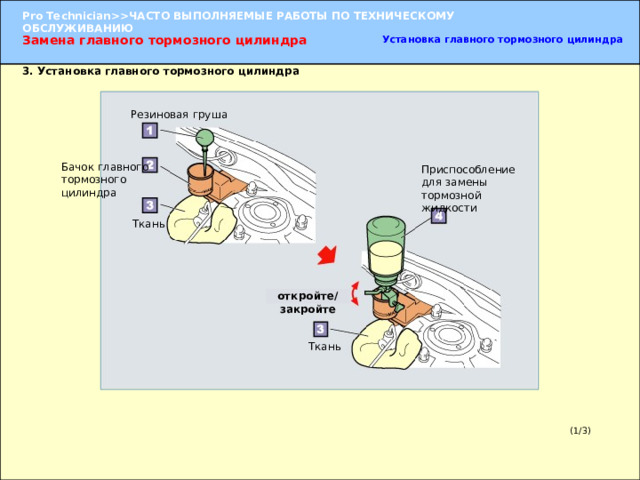 Замена главного тормозного цилиндра Установка главного тормозного цилиндра 3. Установка главного тормозного цилиндра Резиновая груша Бачок главного тормозного цилиндра Приспособление для замены тормозной жидкости Ткань откройте / закройте Удаление воздуха одним механиком    1. Подготовка к удалению воздуха  (1) Расстелите ткань под главным тормозным цилиндром, чтобы жидкость не попала на другие детали и окрашенные поверхности. (2) При подсоединении приспособления для замены тормозной жидкости к бачку главного тормозного цилиндра необходимо следить за тем, чтобы жидкость не выливалась. (3) Подсоедините приспособление для замены тормозной жидкости к бачку главного тормозного цилиндра. Ткань (1/3) 