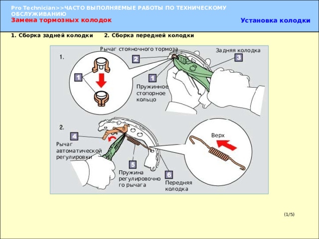 Замена тормозных колодок Установка колодки 1. Сборка задней колодки 2. Сборка передней колодки Рычаг стояночного тормоза Задняя колодка Пружинное стопорное кольцо Верх Рычаг автоматической регулировки 1.  Сборка задней колодки  (1) Установите на заднюю колодку рычаг стояночного тормоза и пружинное стопорное кольцо. (2) При помощи плоскогубцев согните стопорное кольцо. (3) Убедитесь в том, что рычаг стояночного тормоза перемещается без  какого-либо сопротивления.   2.  Сборка передней колодки  (1) Установите на переднюю колодку рычаг автоматической регулировки. (2) При помощи круглогубцев зацепите пружину регулировочного рычага за рычаг автоматической регулировки и переднюю колодку. Пружина регулировочного рычага Передняя колодка (1/5) 
