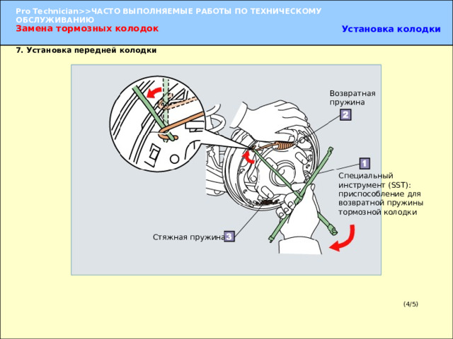 Замена тормозных колодок Установка колодки 7. Установка передней колодки Возвратная пружина Специальный инструмент (SST): приспособление  для возвратной  пружины  тормозной  колодки 7. Установка передней колодки  (1) Установите стяжные пружины на передние и задние колодки. (2) Совместите распорную планку  с выточкой передней колодки. ПРИМЕЧАНИЕ: Удерживайте тормозную колодку рукой, чтобы она не отходила от поршня рабочего колесного цилиндра.   (3) При помощи специального инструмента (SST) установите возвратную пружину. (4) При помощи специального инструмента (SST) установите прижимающую пружину колодки, штифт и колпачок. Стяжная пружина (4/5) 