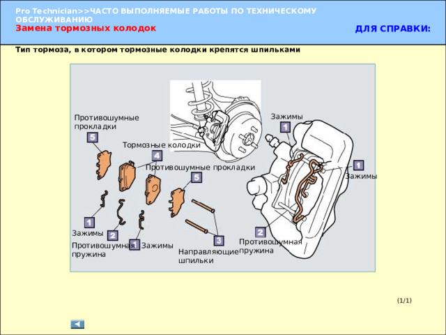 Замена тормозных колодок  ДЛЯ СПРАВКИ: Тип тормоза, в котором тормозные колодки крепятся шпильками Зажимы Противошумные прокладки Тормозные колодки Противошумные прокладки Зажимы Зажимы Снимите с суппорта дискового тормоза следующие детали.  Зажимы  Противошумная пружина  Направляющие шпильки  Тормозные колодки  Противошумные прокладки УКАЗАНИЕ:  Направляющие шпильки и колодки снимаются с трудом, поэтому необходимо использовать плоскогубцы. Противошумная пружина Зажимы Противошумная пружина Направляющие шпильки (1/1) 