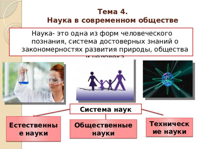 Тема 4.  Наука в современном обществе   Наука- это одна из форм человеческого познания, система достоверных знаний о закономерностях развития природы, общества и человека Система наук Естественные  науки Технические науки Общественные науки 