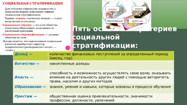 Пять основных критериев социальной стратификации: Доход — Богатство — количество финансовых поступлений за определенный период (месяц, год)   накопленные доходы способность и возможность осуществлять свою волю, оказывать влияние на деятельность других людей с помощью авторитета, права, насилия и других методов Образование — Власть —  Престиж —  знания, умения и навыки, которые освоены в процессе обучения общественная оценка привлекательности, значимости профессии, должности, увлечений 