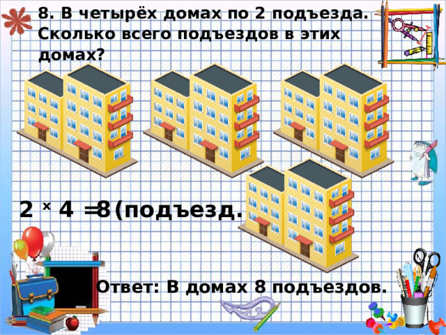 8. В четырёх домах по 2 подъезда.  Сколько всего подъездов в этих домах? 2 ˣ 4 = 8 ( подъезд.) Ответ: В домах 8 подъездов. 