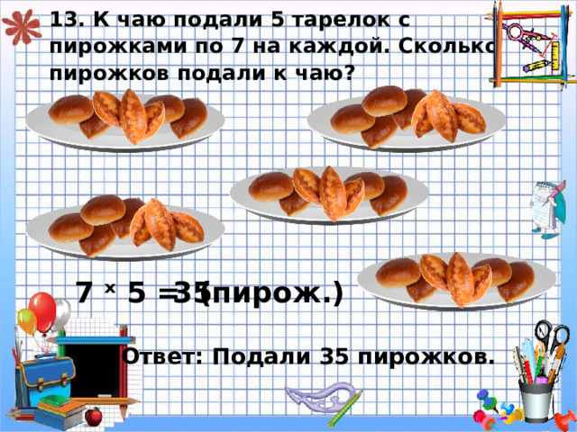 13. К чаю подали 5 тарелок с пирожками по 7 на каждой. Сколько пирожков подали к чаю? ( пирож.) 35 7 ˣ 5 = Ответ: Подали 35 пирожков. 