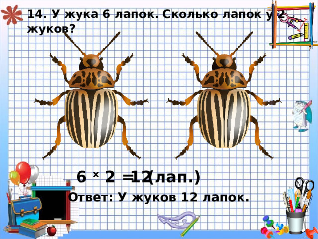 14. У жука 6 лапок. Сколько лапок у 2 жуков? 6 ˣ 2 = 12 ( лап.) Ответ: У жуков 12 лапок. 