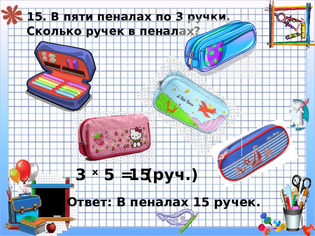 15. В пяти пеналах по 3 ручки.  Сколько ручек в пеналах? 3 ˣ 5 = 15 ( руч.) Ответ: В пеналах 15 ручек. 