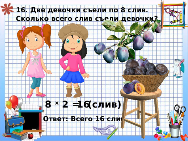 16. Две девочки съели по 8 слив.  Сколько всего слив съели девочки? 8 ˣ 2 = 16 ( слив) Ответ: Всего 16 слив. 